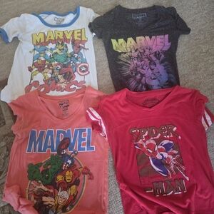 Marvel Superhero Graphic T-Shirts in Red, Orange, and Gray